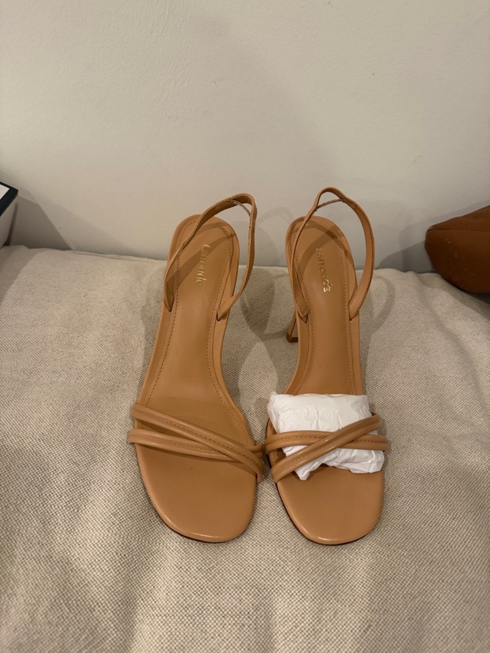 Larroude Tan Strappy Slingback Heels